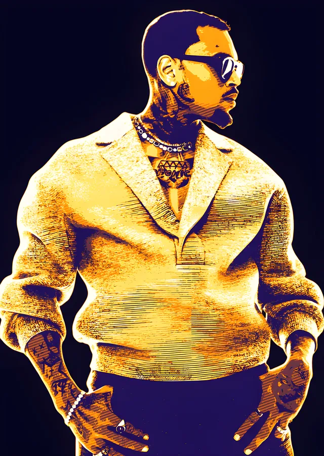 Chris Brown - Sarı Ceketli Vektör Portre metal tablo