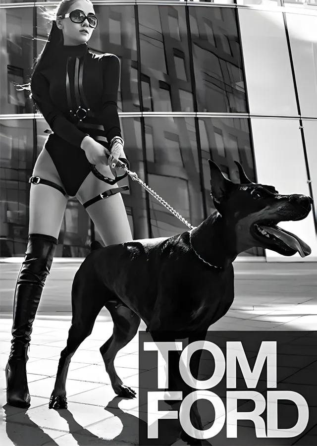 Tom Ford: Doberman ve Model - Siyah Beyaz metal tablo