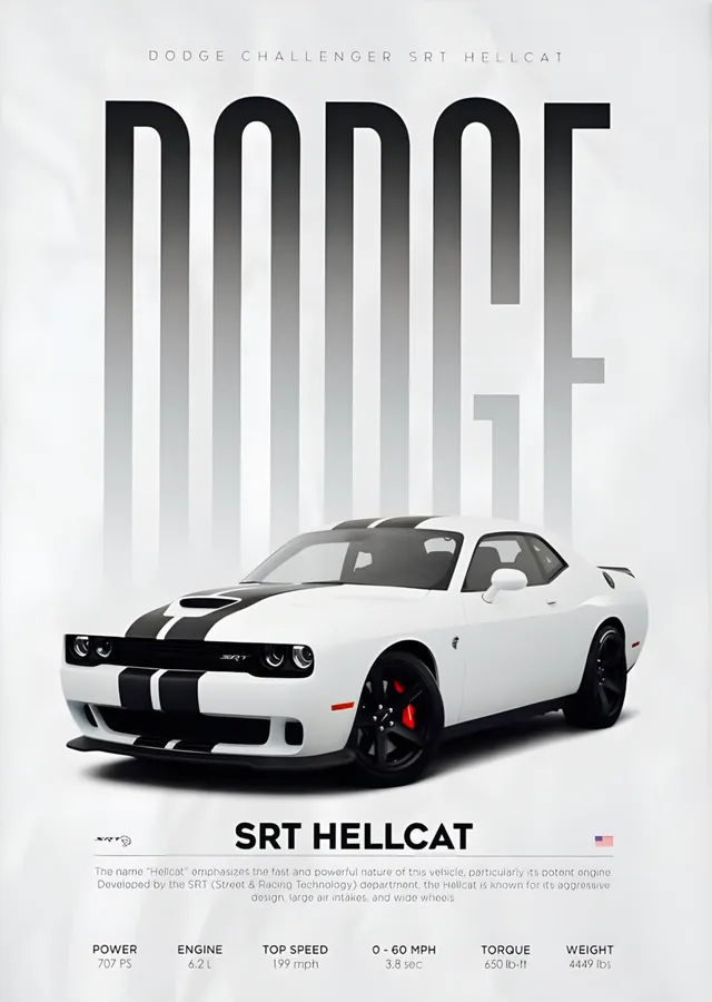 Dodge Challenger SRT Hellcat Beyaz Künye metal tablo