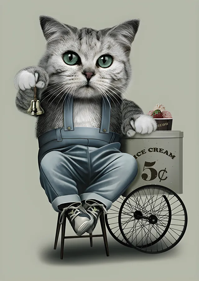 Dondurmacı Kedi - Bisikletli Araba metal tablo