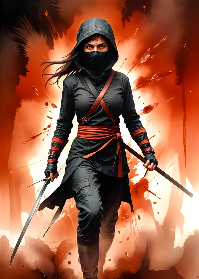 Kunoichi - Kızıl Toz Bulutunda Çifte Kılıç metal tablo