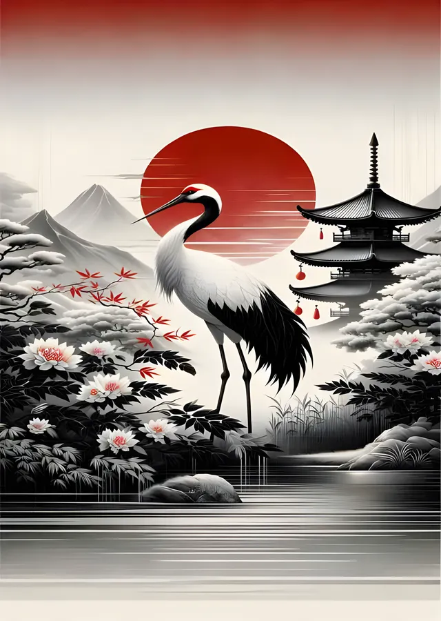Zarif Turna ve Kızıl Güneş - Japon Pagoda metal tablo