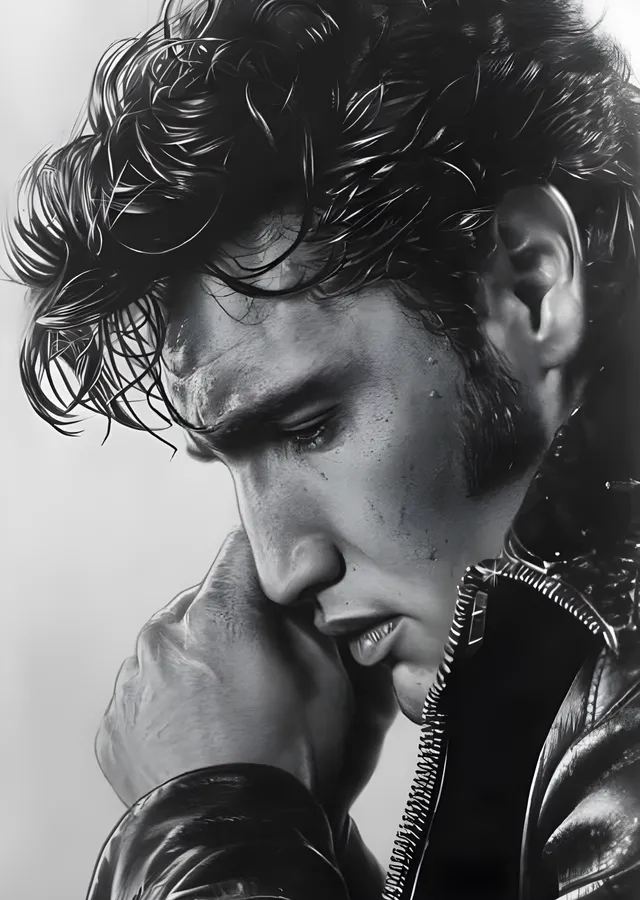 Elvis Presley - Deri Ceketli Düşünceli Kalem metal tablo