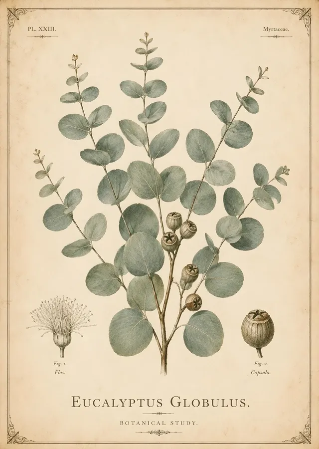 Eucalyptus Globulus: Okaliptus Botanik Levhası metal tablo