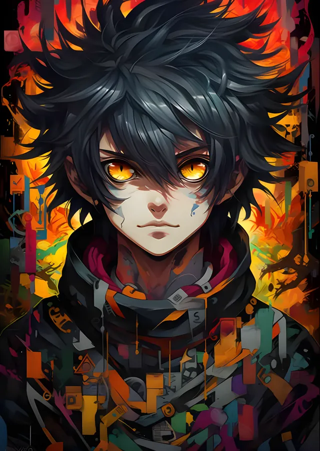 Altın Gözlü Anime Kahraman - Renkli Kolaj Portre metal tablo