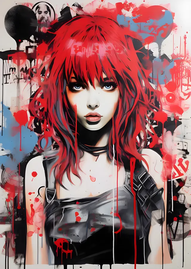 Kızıl Saçlı Punk Kız - Pop Art Sprey Kolaj metal tablo