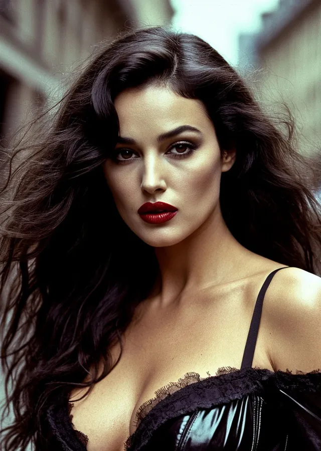 Monica Bellucci: Sokakta Kızıl Rujlu Portre metal tablo