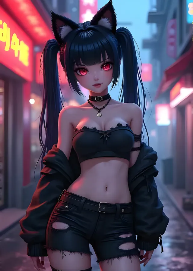 Neon Sokakta Kedi Kulaklı Anime Kızı metal tablo