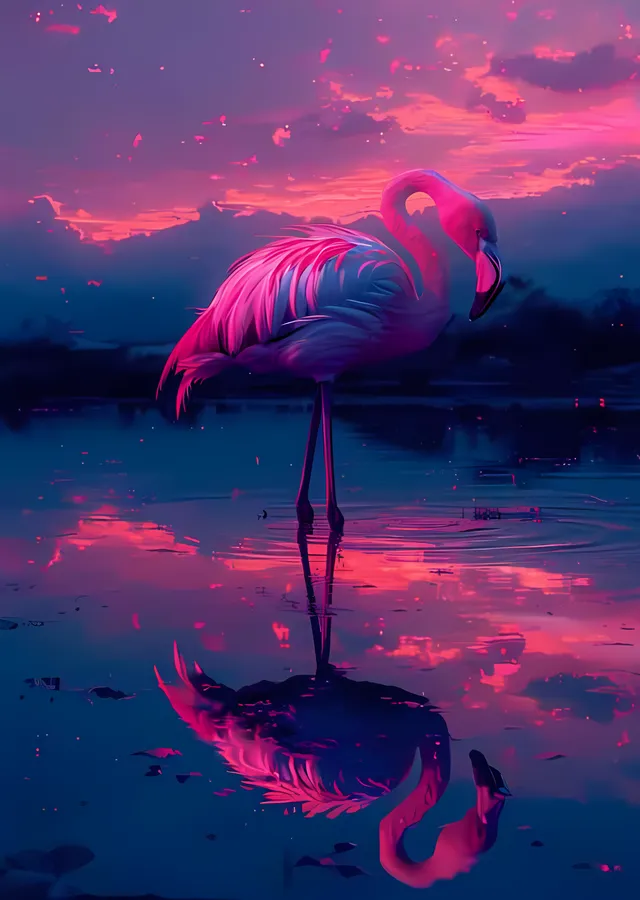 Flamingo: Mor Alacakaranlık Yansıması metal tablo