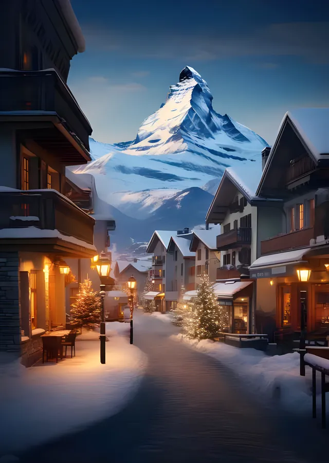 Matterhorn: Alacakaranlıkta Alp Köyü metal tablo