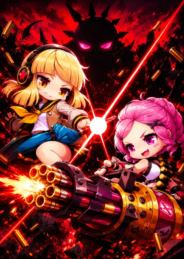 Gatling Silahlı Chibi Kız İkilisi metal tablo