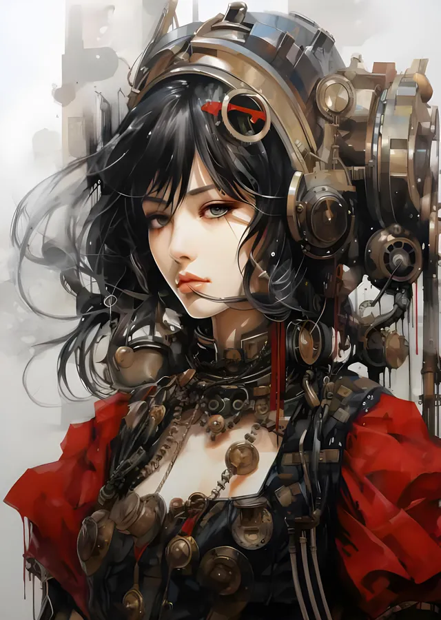 Steampunk Geisha - Pirinç Başlık ve Mürekkep metal tablo