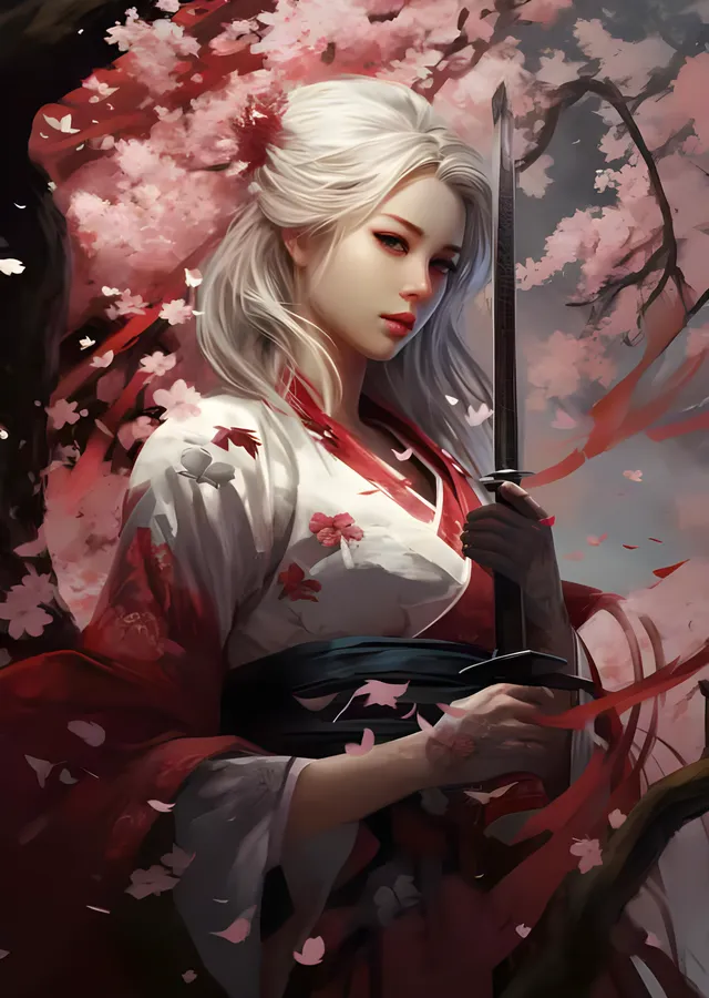 Ak Saçlı Samuray Kadın - Katana ve Sakura metal tablo
