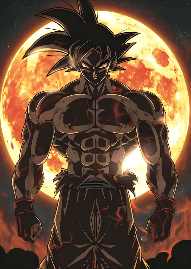 Goku - Kızıl Ay Önünde Gölgede Duruş metal tablo