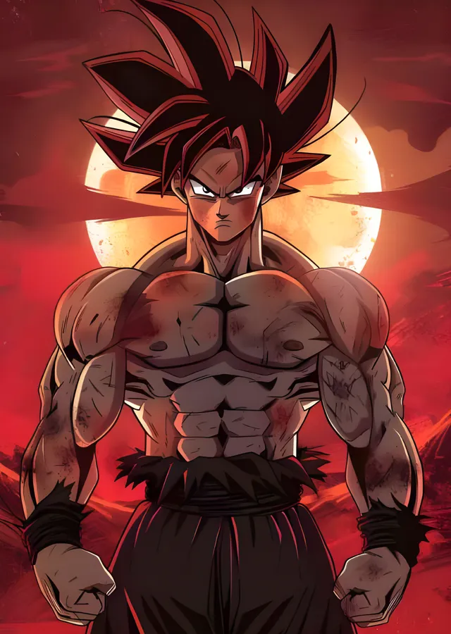 Goku - Kızıl Ufukta Kaslı Duruş metal tablo