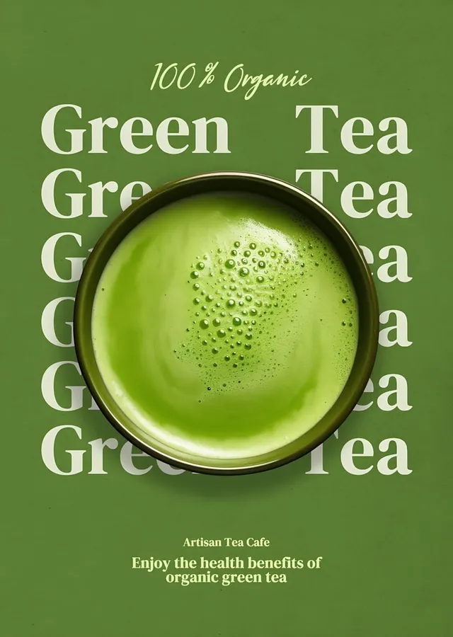 Green Tea: Yeşil Zeminde Tekrarlanan Tipografi metal tablo