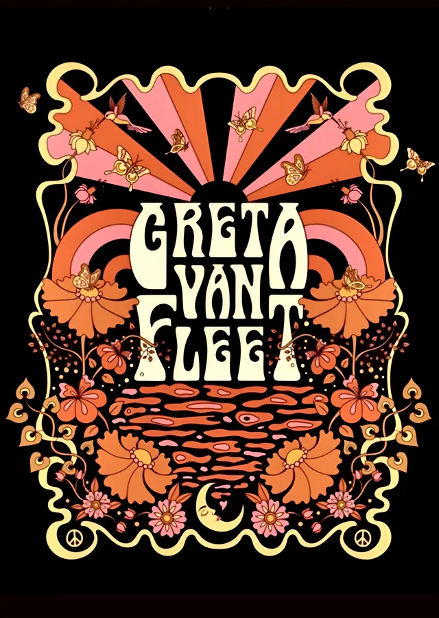 Greta Van Fleet - Psikedelik Çiçekli Afiş metal tablo