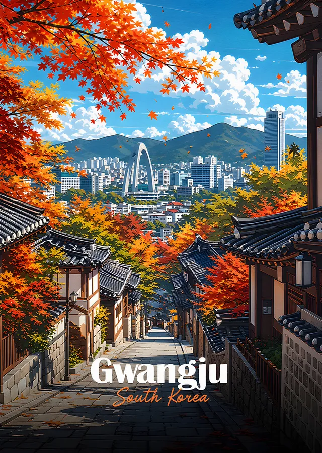 Gwangju: Sonbahar Yokuşunda Geleneksel Evler metal tablo