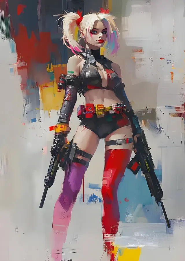 Harley Quinn - Çift Silah, Renkli Fırça Zemin metal tablo