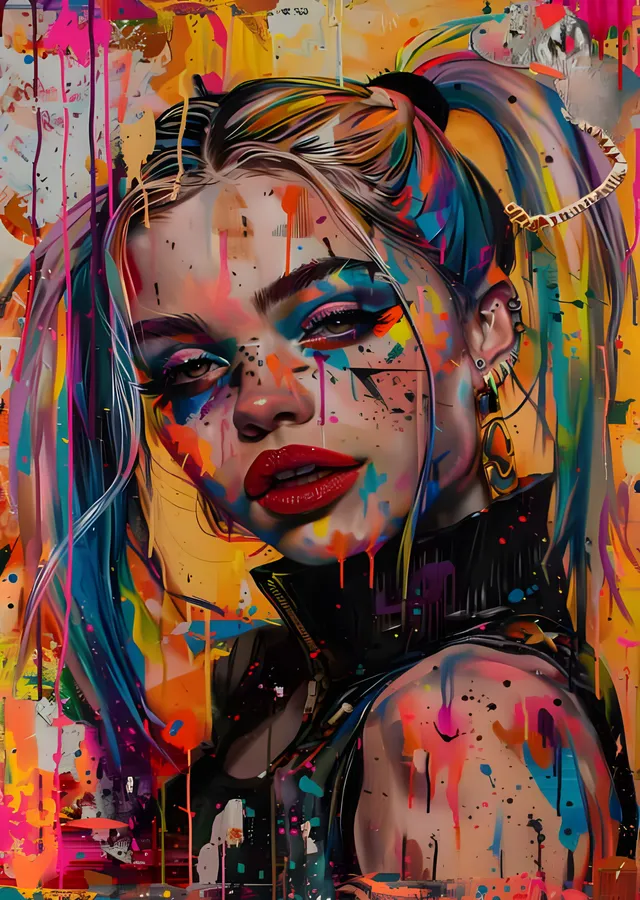 Harley Quinn - Renk Damlamalı Splash Portre metal tablo