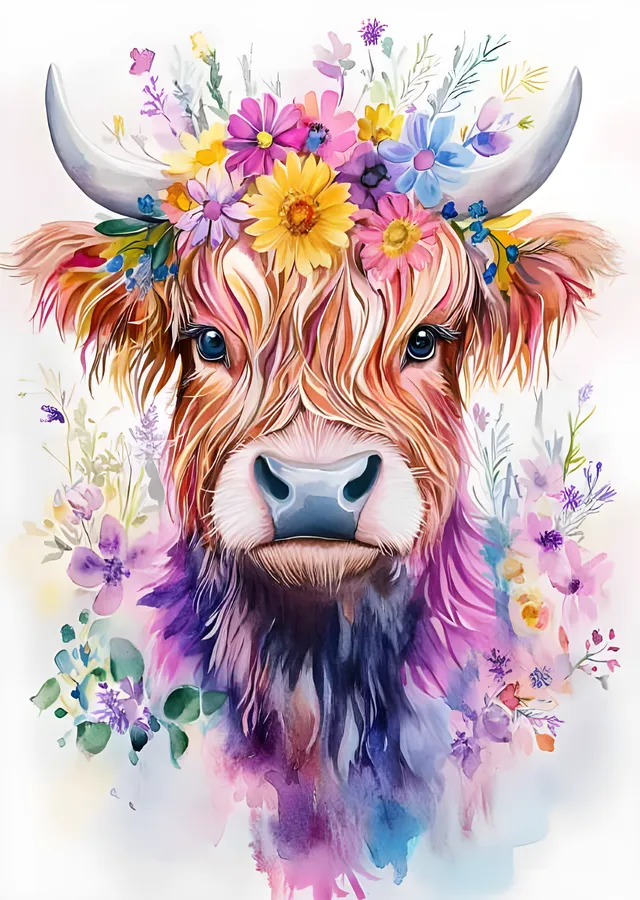 Highland İneği - Pastel Suluboya Çiçekler metal tablo