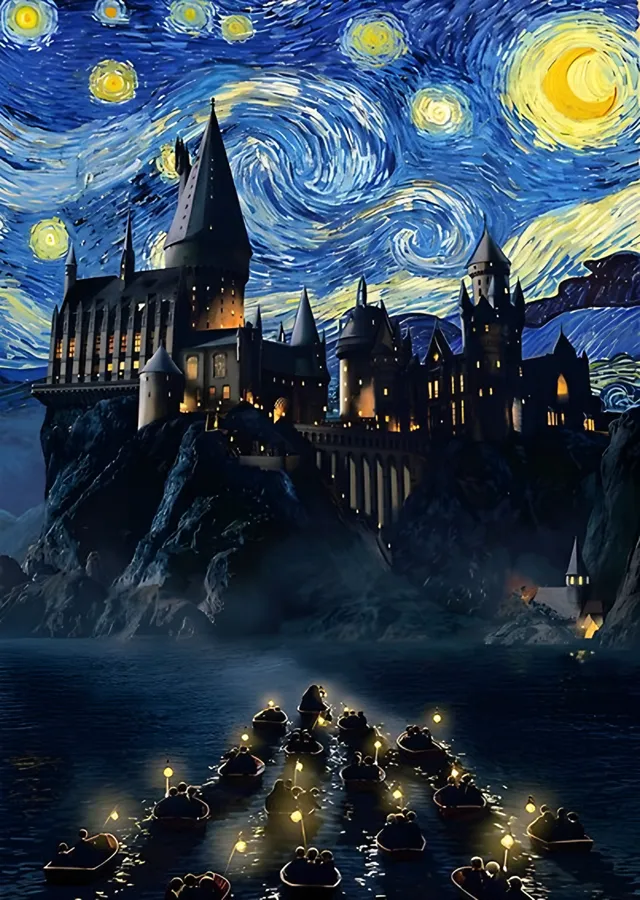 Hogwarts - Yıldızlı Gece (Van Gogh Tarzı) metal tablo