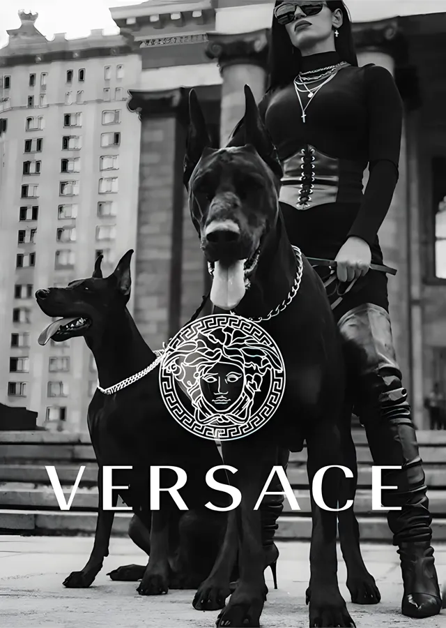 Versace: İki Doberman ve Model metal tablo