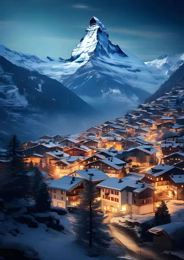 Matterhorn - Işıklı Zermatt Kış Gecesi metal tablo