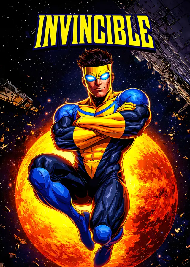 Invincible: Turuncu Gezegen Önünde Uçuş metal tablo