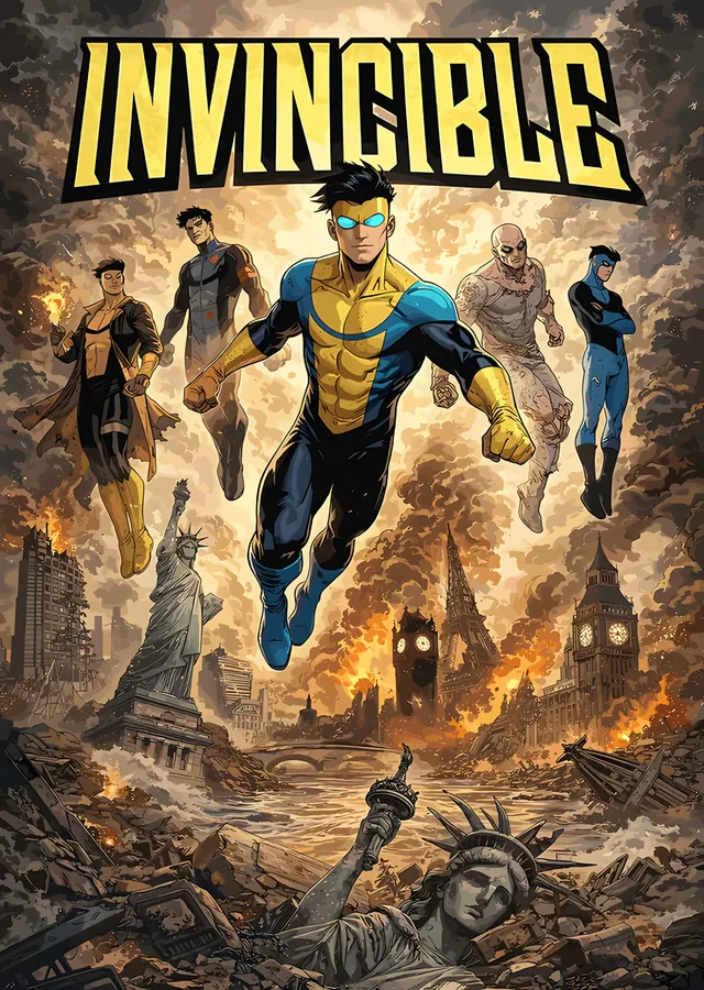 Invincible: Yıkık Şehirlerin Üstünde Kadro metal tablo