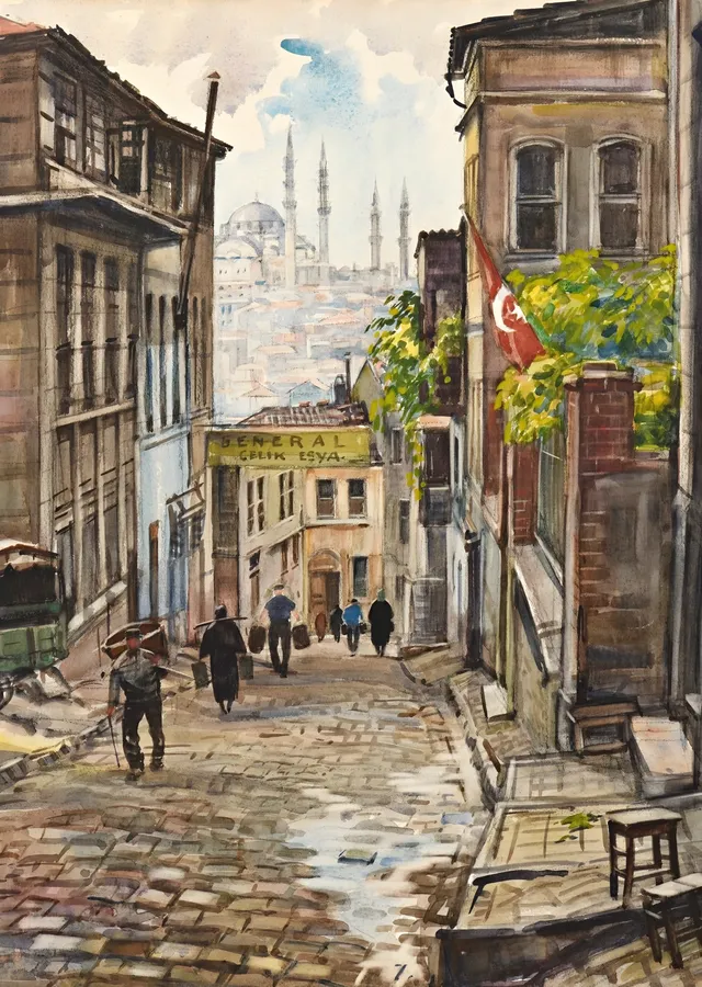 İstanbul Sokağı Suluboya metal tablo
