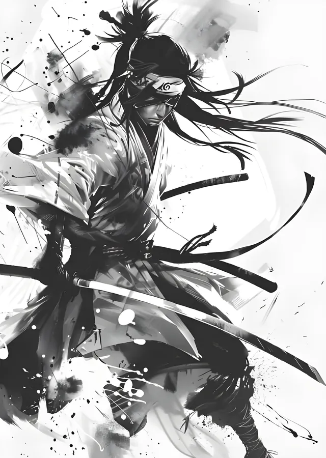 Uchiha Bantlı Samuray - Siyah Beyaz Mürekkep metal tablo