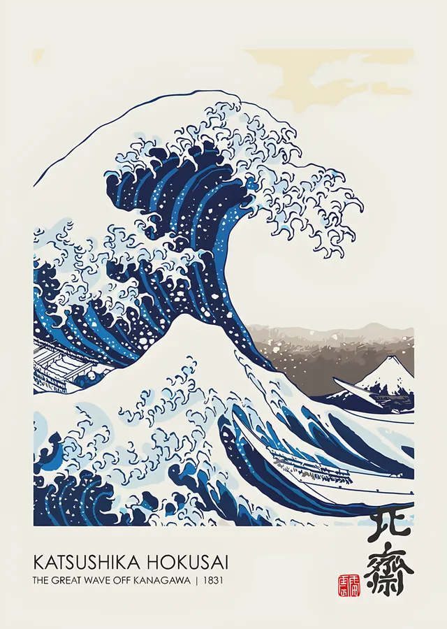 Kanagawa Açıklarında Büyük Dalga - Katsushika Hokusai (Krem metal tablo