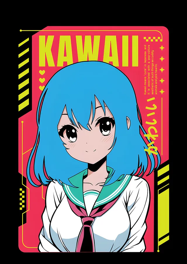 Kawaii: Pembe Kartta Mavi Saçlı Öğrenci metal tablo