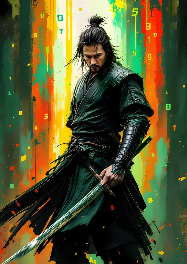Keanu Reeves - Yeşil Zeminde Samuray Duruşu metal tablo