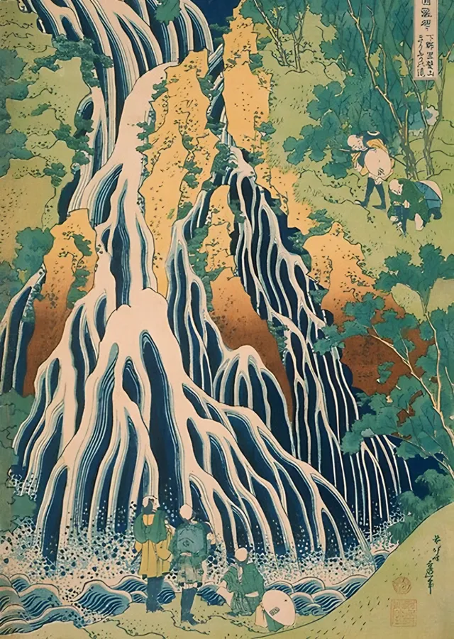 Kirifuri Şelalesi'nde Hacılar - Hokusai metal tablo