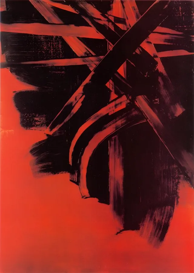 Kırmızı Zeminde Siyah Çapraz - Pierre Soulages metal tablo