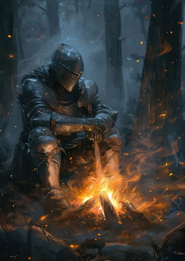 Knight Resting at Bonfire - Dark Souls metal tablo