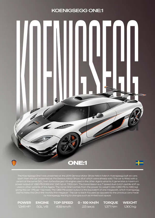 Koenigsegg One:1: Gri Zeminde Teknik Afiş metal tablo