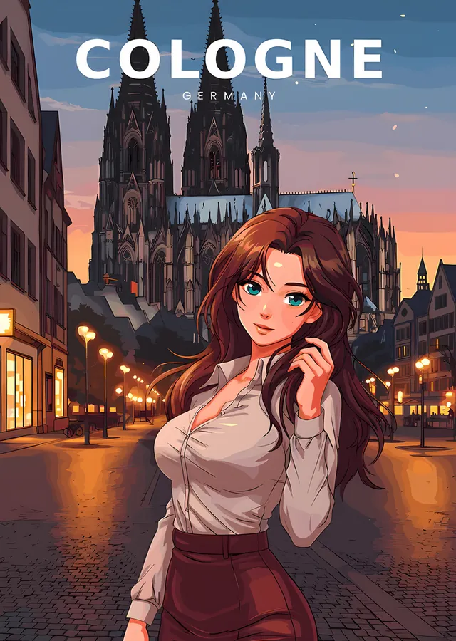 Köln: Katedral Önünde Anime Kız metal tablo