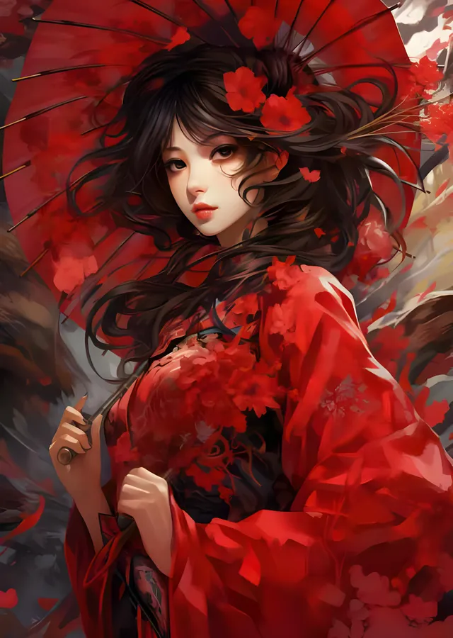 Kırmızı Kimono ve Şemsiyeli Anime Kadın metal tablo
