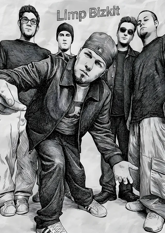 Limp Bizkit: Kalem Çizimi Grup Portresi metal tablo