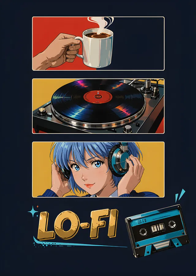 Lo-Fi: Kahve Pikap ve Kulaklıklı Kız metal tablo