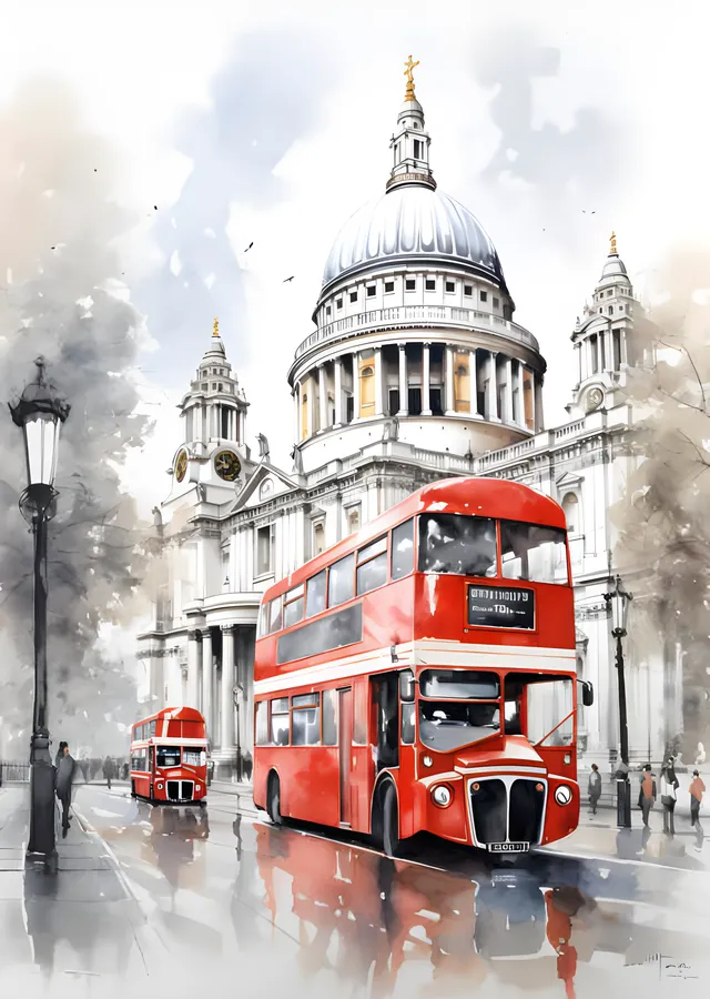 St Paul's Katedrali ve Çift Katlı Otobüs metal tablo