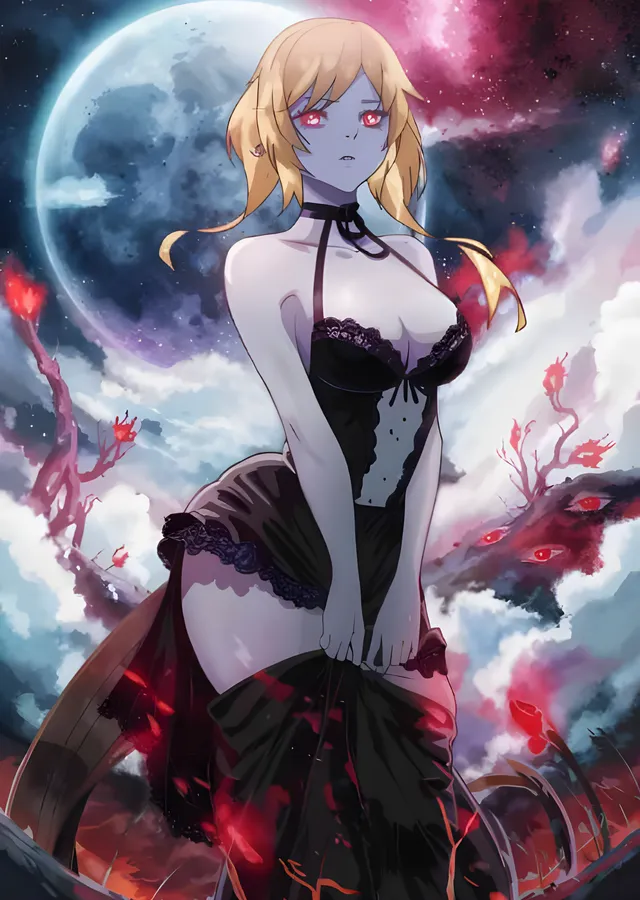 Kızıl Gözlü Gotik Anime Kız - Dolunay metal tablo