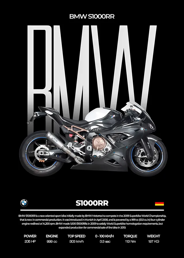 BMW S1000RR - Siyah Gövde Afişi metal tablo