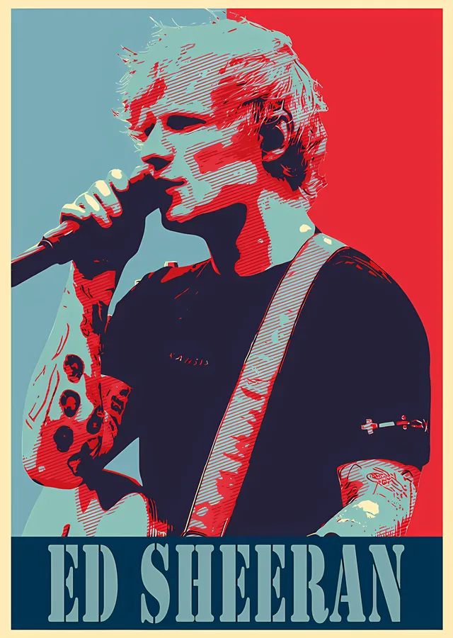 Ed Sheeran - Kırmızı Mavi Poster Portre metal tablo