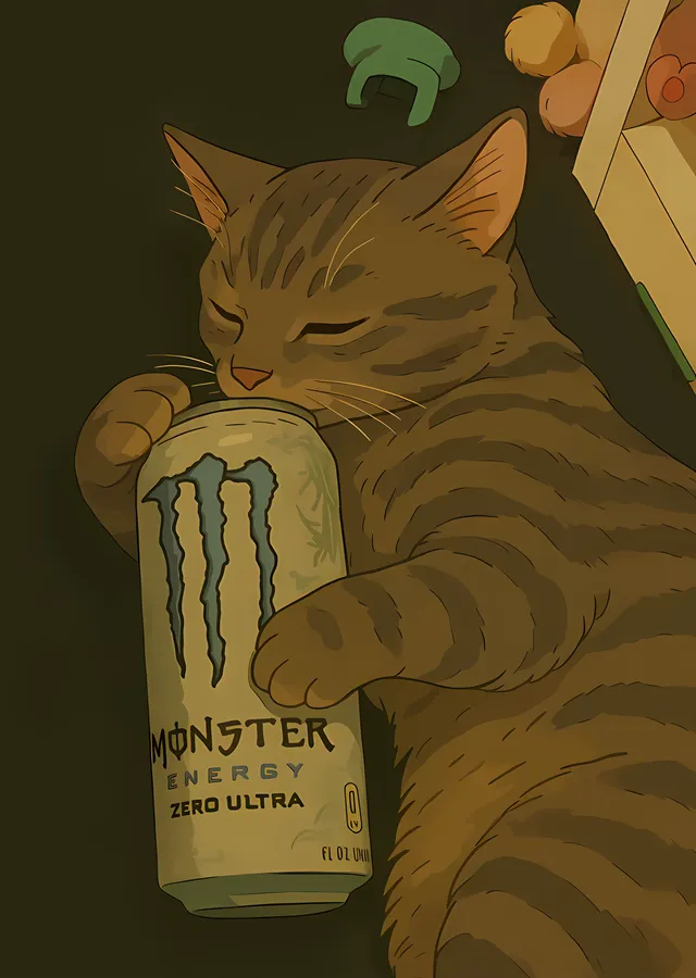 Enerji İçeceğiyle Uyuklayan Kedi metal tablo
