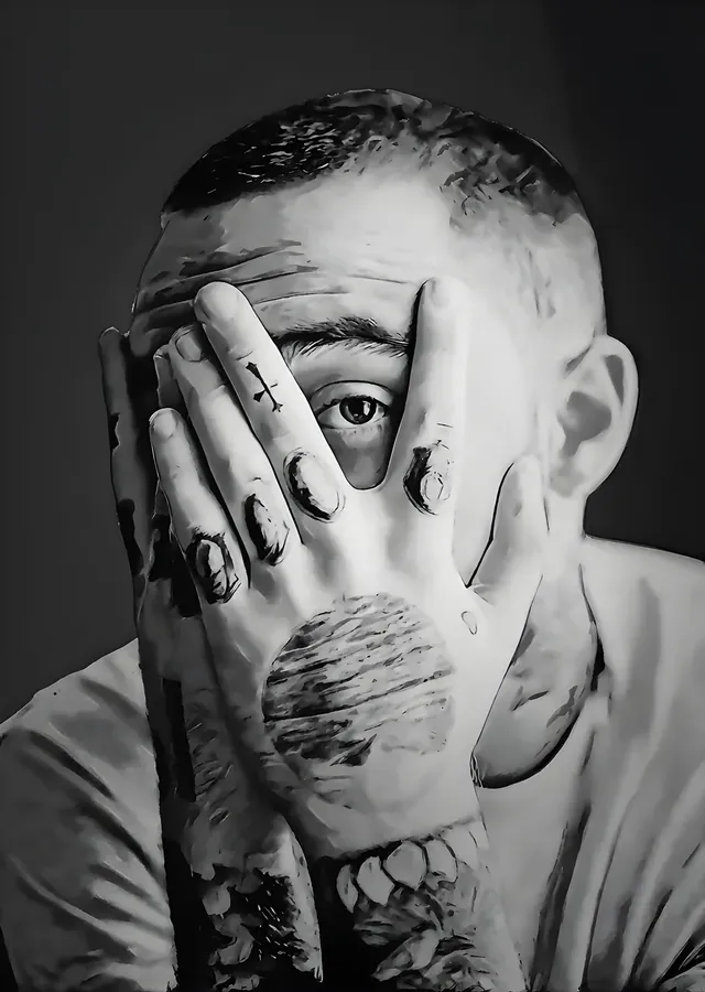 Mac Miller - Siyah Beyaz Elle Kapalı Yüz metal tablo
