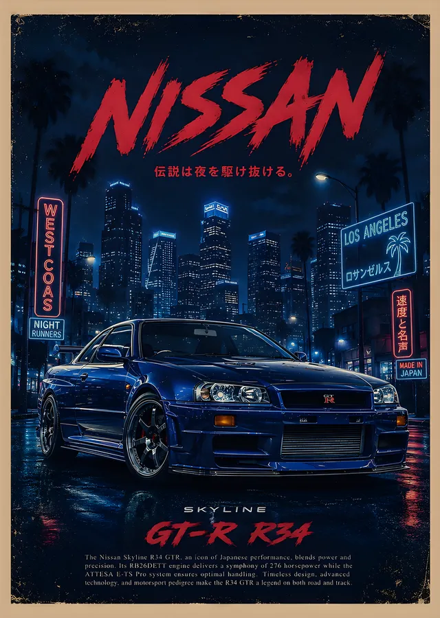 Nissan Skyline GT-R R34: Japon Şehir Afişi metal tablo